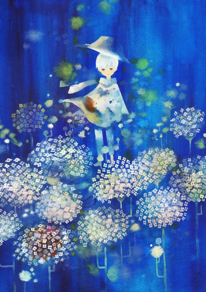 Anime picture 1000x1414 with original ni bi single tall image short hair red eyes white hair traditional media watercolor (medium) boy flower (flowers) hat scarf child (children)