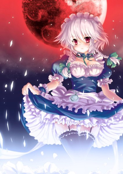 Anime picture 905x1280 with touhou izayoi sakuya north abyssor tall image looking at viewer blush short hair red eyes white hair braid (braids) maid twin braids red moon girl thighhighs dress bow black thighhighs hair bow petals
