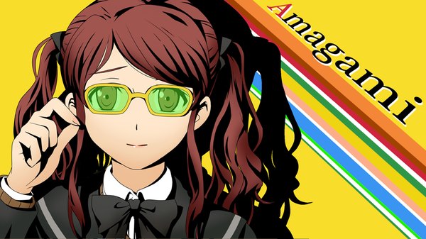 Anime picture 1000x563 with persona 4 amagami nakata sae makisige (artist) single long hair brown hair wide image twintails brown eyes girl uniform school uniform glasses