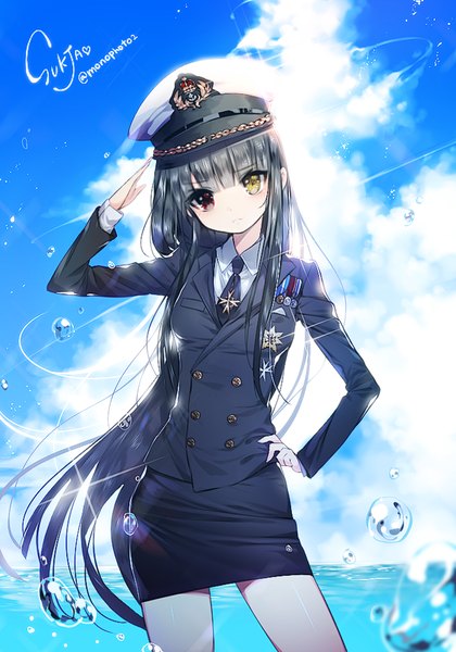 Anime picture 700x1000 with original sorolp single long hair tall image fringe breasts black hair signed sky cloud (clouds) hand on hip heterochromia horizon girl uniform shirt water white shirt water drop