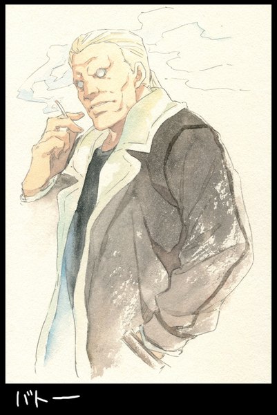 Anime picture 700x1046 with ghost in the shell ghost in the shell: stand alone complex production i.g batou agahari single tall image looking at viewer short hair blonde hair simple background white background smoke hand in pocket traditional media watercolor (medium) boy coat cigarette