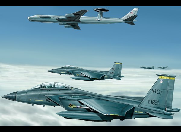 Anime picture 1500x1100 with original kcme sky cloud (clouds) flying weapon airplane jet f-15e