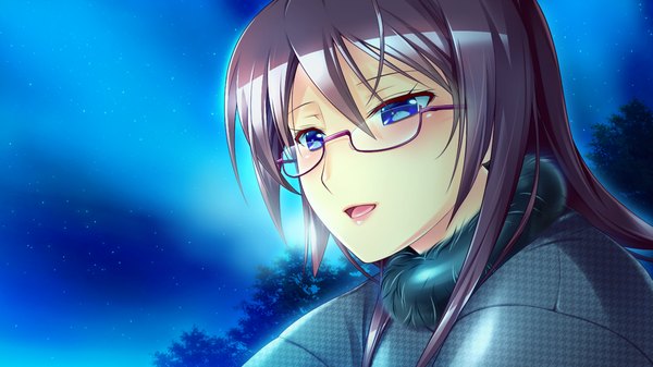 Anime picture 1280x720 with yomi ecchi! single long hair blush open mouth blue eyes black hair wide image game cg night girl glasses