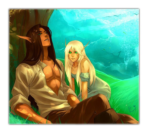 Anime picture 1024x925 with world of warcraft blizzard entertainment long hair black hair blonde hair smile bare shoulders green eyes pointy ears elf twisty sleeves girl dress boy plant (plants) shirt tree (trees) grass