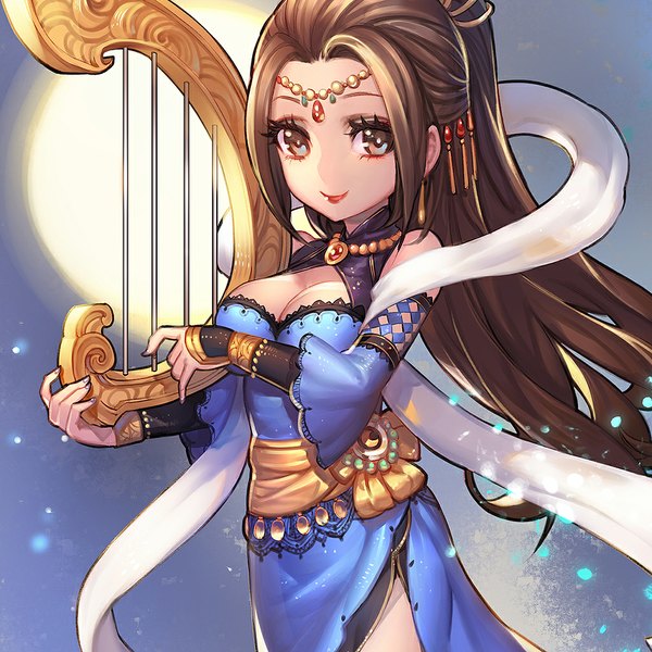 Anime picture 1024x1024 with shin sangoku musou cai wenji ryushin single long hair looking at viewer breasts smile brown hair standing fingernails playing instrument girl dress hair ornament detached sleeves choker musical instrument harp