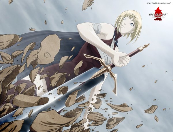 Anime picture 1600x1225 with claymore madhouse clare (claymore) ioshik single short hair blonde hair bare shoulders grey eyes coloring girl weapon sword cape bandage (bandages)