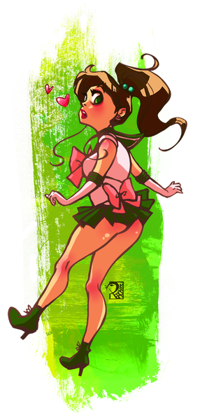 Anime picture 536x1124 with bishoujo senshi sailor moon toei animation kino makoto sailor jupiter peach-mork single long hair tall image open mouth light erotic brown hair green eyes signed full body ponytail pleated skirt looking back lips from behind transparent background