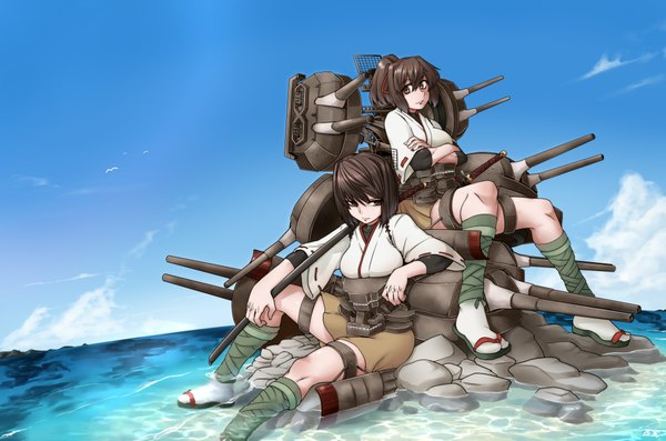 Anime picture 2150x1425 with kantai collection hyuuga battleship ise battleship toritora looking at viewer highres short hair brown hair sitting multiple girls brown eyes sky cloud (clouds) ponytail traditional clothes japanese clothes spread legs crossed arms girl weapon