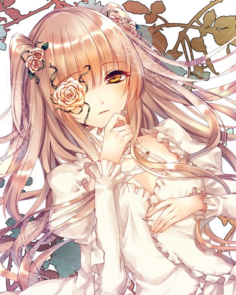 Anime picture 800x1000 with rozen maiden kirakishou saijou haruki single long hair tall image looking at viewer blush fringe blonde hair white background yellow eyes upper body lying blunt bangs long sleeves hair flower light smile from above two side up