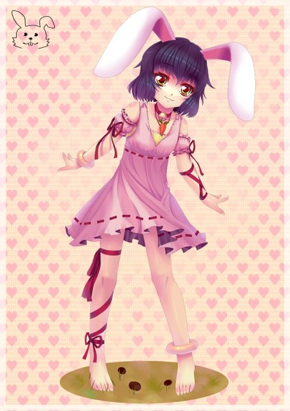 Anime picture 1800x2545 with touhou inaba tewi sonikey0 0 single tall image looking at viewer blush highres short hair black hair yellow eyes barefoot bunny ears bunny girl girl dress bracelet heart