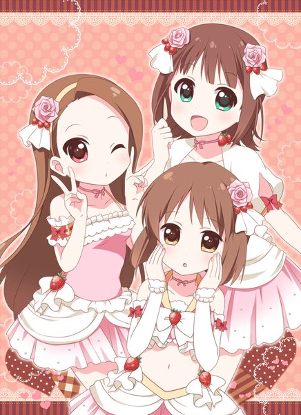 Anime picture 768x1056 with idolmaster amami haruka minase iori hagiwara yukiho ringo yuyu long hair tall image blush short hair open mouth blue eyes smile red eyes brown hair multiple girls brown eyes one eye closed wink girl dress