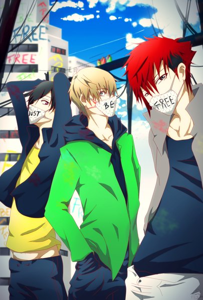 Anime picture 1256x1860 with original pikamuffin tall image looking at viewer fringe short hair blue eyes black hair red eyes brown hair sky cloud (clouds) red hair black eyes hair over one eye arms up multiple boys groin looking up hands in pockets