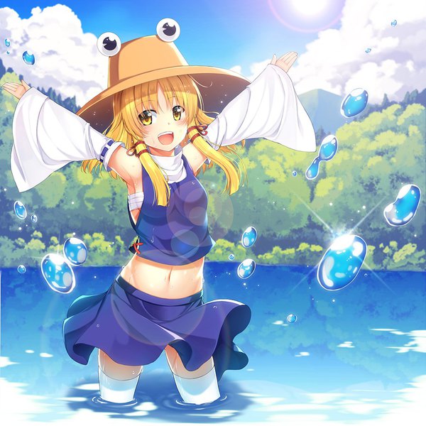 Anime picture 1040x1040 with touhou moriya suwako benitsuki tsubasa single long hair looking at viewer blush fringe breasts open mouth blonde hair smile yellow eyes sky cloud (clouds) sunlight wide sleeves teeth armpit (armpits) wet