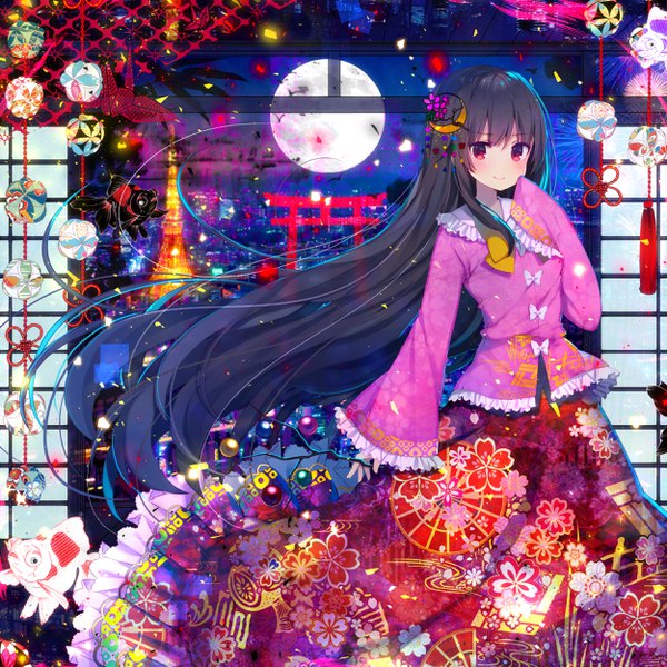 Anime picture 2500x2500 with touhou houraisan kaguya koto seori single looking at viewer blush fringe highres black hair smile hair between eyes red eyes long sleeves very long hair girl hair ornament animal frills moon full moon