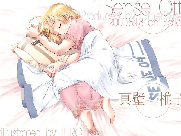 Anime picture 1024x768 with iuro single open mouth blonde hair lying barefoot sleeping quilt sense off