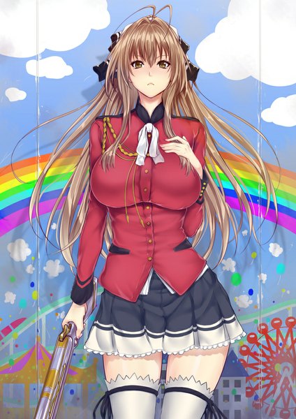 Anime picture 707x1000 with amagi brilliant park kyoto animation sento isuzu zucchini single long hair tall image looking at viewer brown hair brown eyes girl thighhighs skirt weapon white thighhighs gun suit rainbow musket