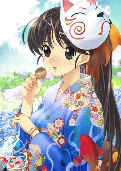 Anime picture 848x1200 with original hirokiku single long hair tall image blush open mouth black hair ponytail traditional clothes japanese clothes black eyes mask on head girl flower (flowers) bow hair bow food bracelet mask