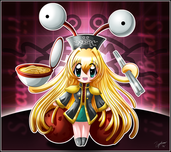 Anime picture 1024x910 with tagme (artist) single looking at viewer open mouth blonde hair smile green eyes very long hair chibi girl skirt food noodles flying spaghetti monster