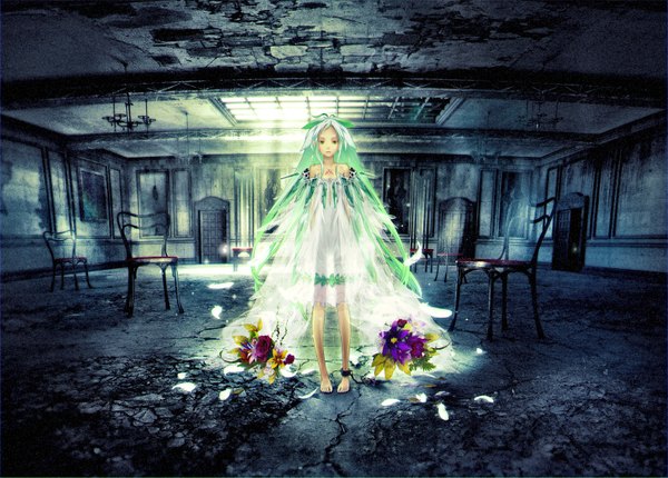 Anime picture 1600x1147 with beatless snowdrop redjuice single long hair highres bare shoulders green eyes barefoot green hair tattoo lightning see-through silhouette girl dress flower (flowers) chain feather (feathers) chair bouquet