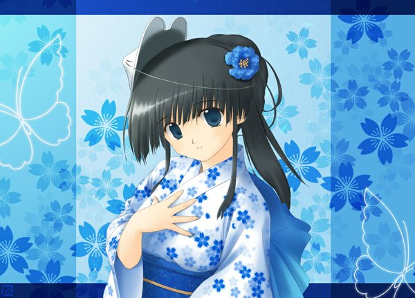 Anime picture 1024x737 with comic party hasebe aya zenzen single blue eyes black hair japanese clothes hair flower mask on head girl hair ornament mask yukata