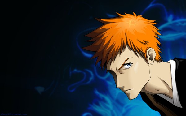 Anime picture 1440x900 with bleach studio pierrot kurosaki ichigo juhani (artist) single looking at viewer short hair blue eyes simple background wide image traditional clothes japanese clothes orange hair black background face power boy kimono flame