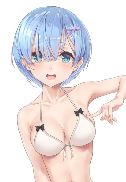 Anime picture 805x1158 with re:zero kara hajimeru isekai seikatsu white fox rem (re:zero) aimee (origin) single tall image looking at viewer blush fringe short hair breasts open mouth light erotic simple background smile large breasts standing white background bare shoulders blue hair