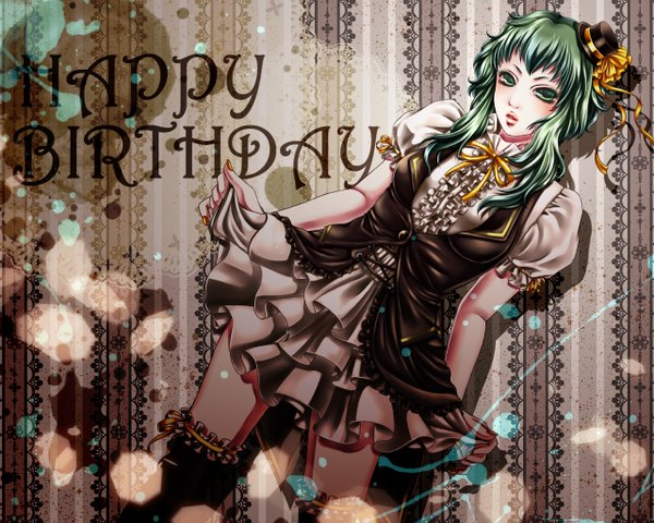 Anime picture 1280x1024 with vocaloid gumi single short hair green eyes green hair inscription happy birthday girl thighhighs dress black thighhighs hat mini hat mini top hat