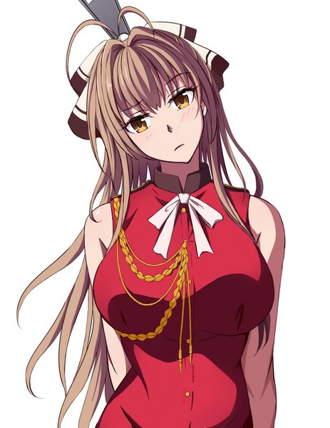 Anime picture 1236x1600 with amagi brilliant park kyoto animation sento isuzu illusionk single long hair tall image looking at viewer fringe breasts simple background brown hair large breasts standing white background yellow eyes head tilt hands behind back girl bow