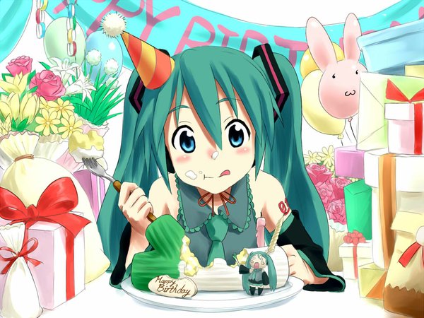Anime picture 1024x768 with vocaloid hatsune miku hachune miku pennel nathaniel pennel blue eyes twintails aqua hair :q happy birthday food on face girl flower (flowers) hat detached sleeves necktie food sweets tongue gift