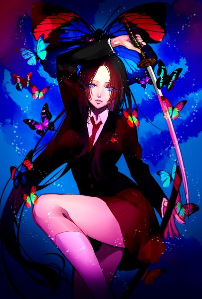 Anime picture 1181x1748 with original tayuya1130 single long hair tall image looking at viewer open mouth blue eyes brown hair standing holding very long hair glowing glowing eye (eyes) open collar multicolored eyes girl skirt uniform weapon