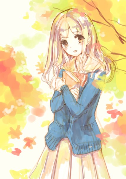 Anime picture 2507x3541 with original kashiwagi chisame single long hair tall image looking at viewer blush fringe highres blonde hair brown eyes parted lips pleated skirt crossed arms autumn girl skirt uniform plant (plants) tree (trees)