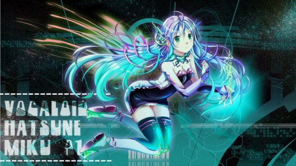 Anime picture 2500x1406 with vocaloid hatsune miku mariwai (marireroy) single long hair highres smile wide image twintails bare shoulders green eyes blue hair inscription looking up girl ribbon (ribbons)