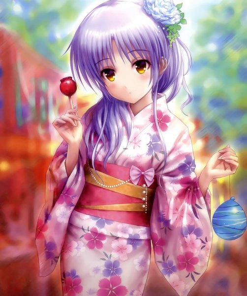 Anime picture 2102x2513 with angel beats! key (studio) tachibana kanade goto p single long hair tall image looking at viewer blush highres yellow eyes silver hair traditional clothes japanese clothes hair flower scan official art girl hair ornament flower (flowers)