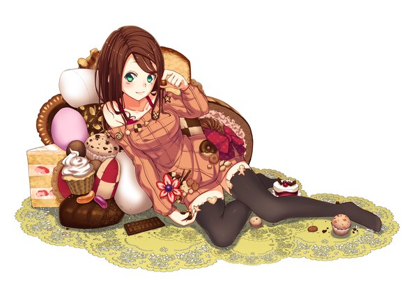 Anime picture 1710x1200 with original kamome yuu single long hair looking at viewer highres brown hair white background bare shoulders green eyes valentine girl thighhighs black thighhighs food sweets sweater cake chocolate cookie (cookies)