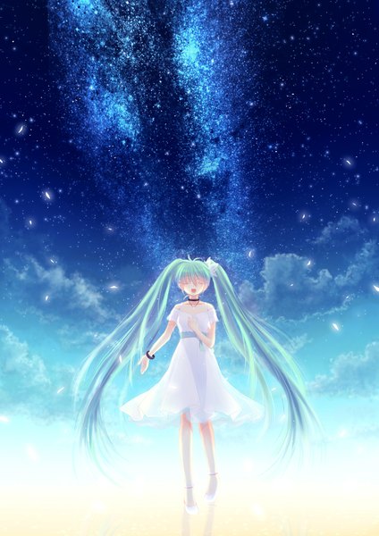 Anime picture 1240x1754 with vocaloid hatsune miku lazy orange single tall image open mouth twintails sky cloud (clouds) eyes closed very long hair aqua hair night sky milky way girl choker bracelet star (stars) jewelry necklace