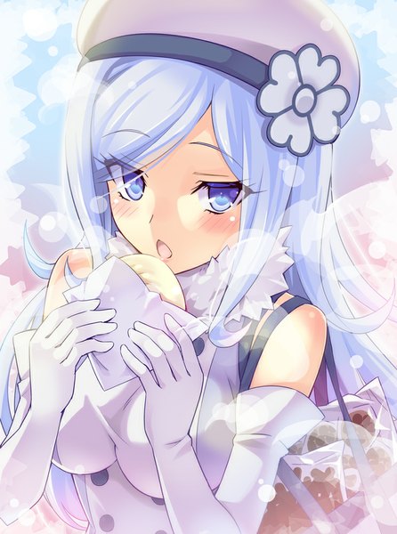 Anime picture 744x1000 with mobile suit gundam gundam build fighters sunrise (studio) aila jyrkiainen urabi (tomatohouse) single long hair tall image looking at viewer blush open mouth blue eyes bare shoulders blue hair eating girl gloves elbow gloves beret nikuman