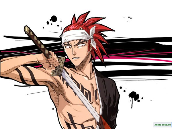 Anime picture 1024x768 with bleach studio pierrot abarai renji single long hair looking away red hair tattoo boy weapon sword hairband katana sheath
