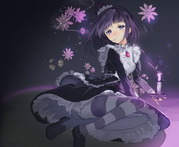 Anime picture 900x745 with cookie run blackberry cookie macciatto (aciel02) single looking at viewer blush short hair breasts sitting purple eyes holding purple hair parted lips mouth hold girl dress pantyhose shoes candle (candles) striped pantyhose