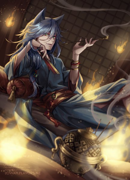 Anime picture 800x1107 with original lo-wah single long hair tall image smile green eyes animal ears blue hair bent knee (knees) indoors traditional clothes japanese clothes grey hair arm support fox ears turning head smoke reclining wolf ears
