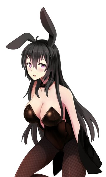 Anime picture 486x809 with original miyaura sanshio beifeng han long hair tall image blush breasts open mouth light erotic black hair simple background hair between eyes large breasts white background purple eyes bare shoulders animal ears ahoge bunny ears girl