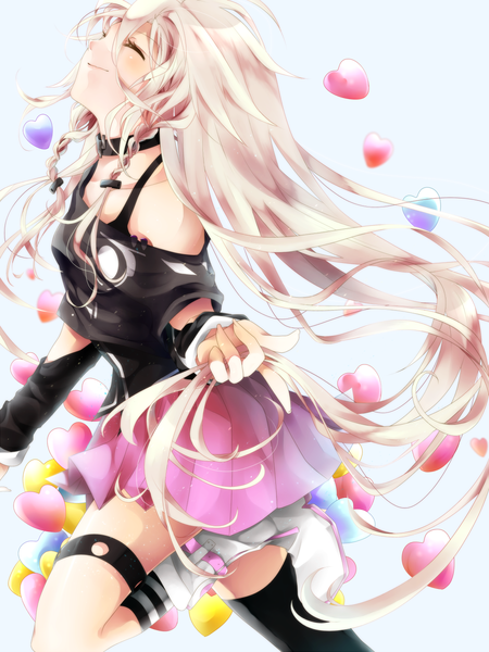 Anime picture 1000x1332 with vocaloid ia (vocaloid) kyashii (a3yu9mi) single long hair tall image blush smile bare shoulders white hair braid (braids) eyes closed pleated skirt sunlight twin braids happy jumping girl thighhighs skirt