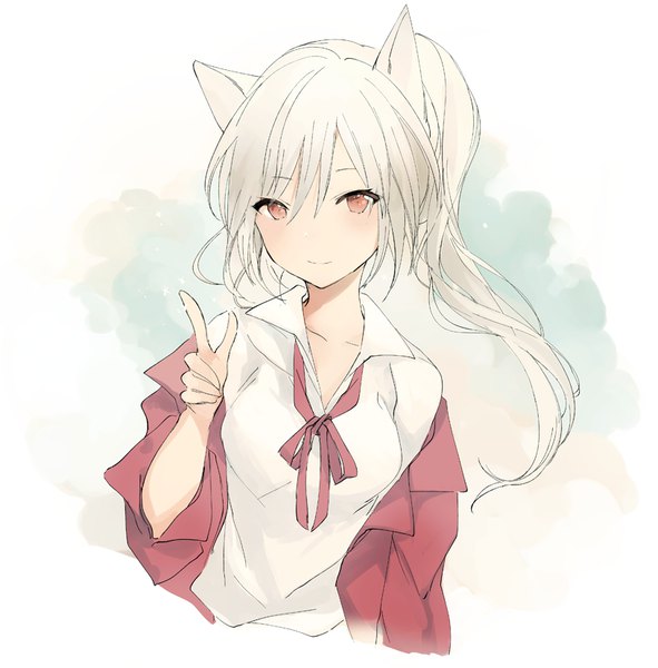 Anime picture 816x829 with original lpip single long hair tall image looking at viewer blush fringe simple background hair between eyes white background brown eyes animal ears silver hair upper body cat ears off shoulder open jacket victory open collar