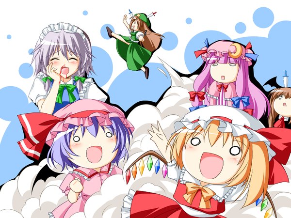 Anime picture 1600x1200 with touhou flandre scarlet remilia scarlet izayoi sakuya patchouli knowledge hong meiling koakuma kamiya tomoe chibi o o nosebleed girl blood