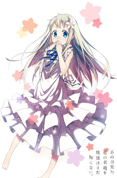 Anime picture 1380x2100 with ano hi mita hana no namae wo bokutachi wa mada shiranai a-1 pictures honma meiko lf single long hair tall image looking at viewer blue eyes blonde hair white background barefoot hair flower copyright name covered mouth girl dress flower (flowers) frills sundress