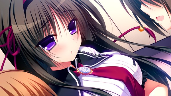 Anime picture 1280x720 with pure girl kuchifusa yogiri nanaka mai long hair blush black hair wide image purple eyes game cg girl uniform school uniform hairband