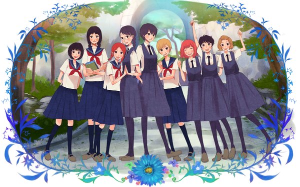 Anime picture 1500x938 with aoi hana okudaira akira manjoume fumi sugimoto yasuko ikumi kyouko mogi miwa shigureteki black hair brown hair wide image multiple girls red hair braid (braids) twin braids group 6+ girls 9 girls girl uniform school uniform