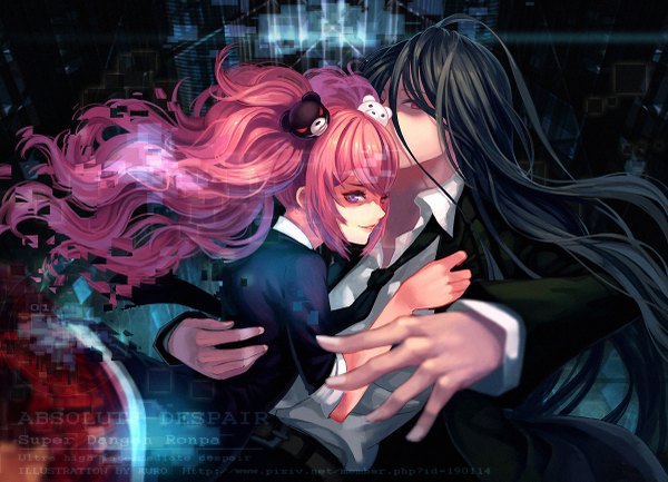 Anime picture 1200x867 with dangan ronpa super dangan ronpa 2 enoshima junko hinata hajime catwyz long hair looking at viewer black hair red eyes purple eyes twintails pink hair inscription girl boy hair ornament shirt necktie jacket