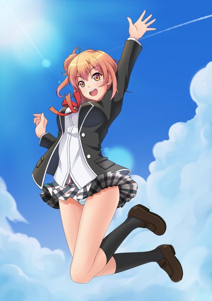 Anime picture 1050x1485 with yahari ore no seishun love comedy wa machigatteiru. brains base (studio) yuigahama yui nanappe single tall image blush short hair open mouth light erotic smile brown hair brown eyes sky cloud (clouds) :d pleated skirt sunlight hair bun (hair buns) pantyshot