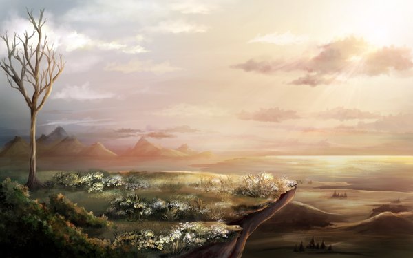 Anime picture 1680x1050 with original yun laurant wide image sky cloud (clouds) horizon mountain no people landscape plant (plants) tree (trees) sea