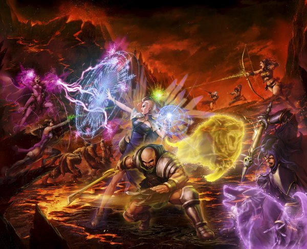 Anime picture 1200x975 with elpinoy black hair purple hair ahoge white hair realistic magic glowing squat flying fantasy angry battle everyone bald lava epic goatee sorceress dress